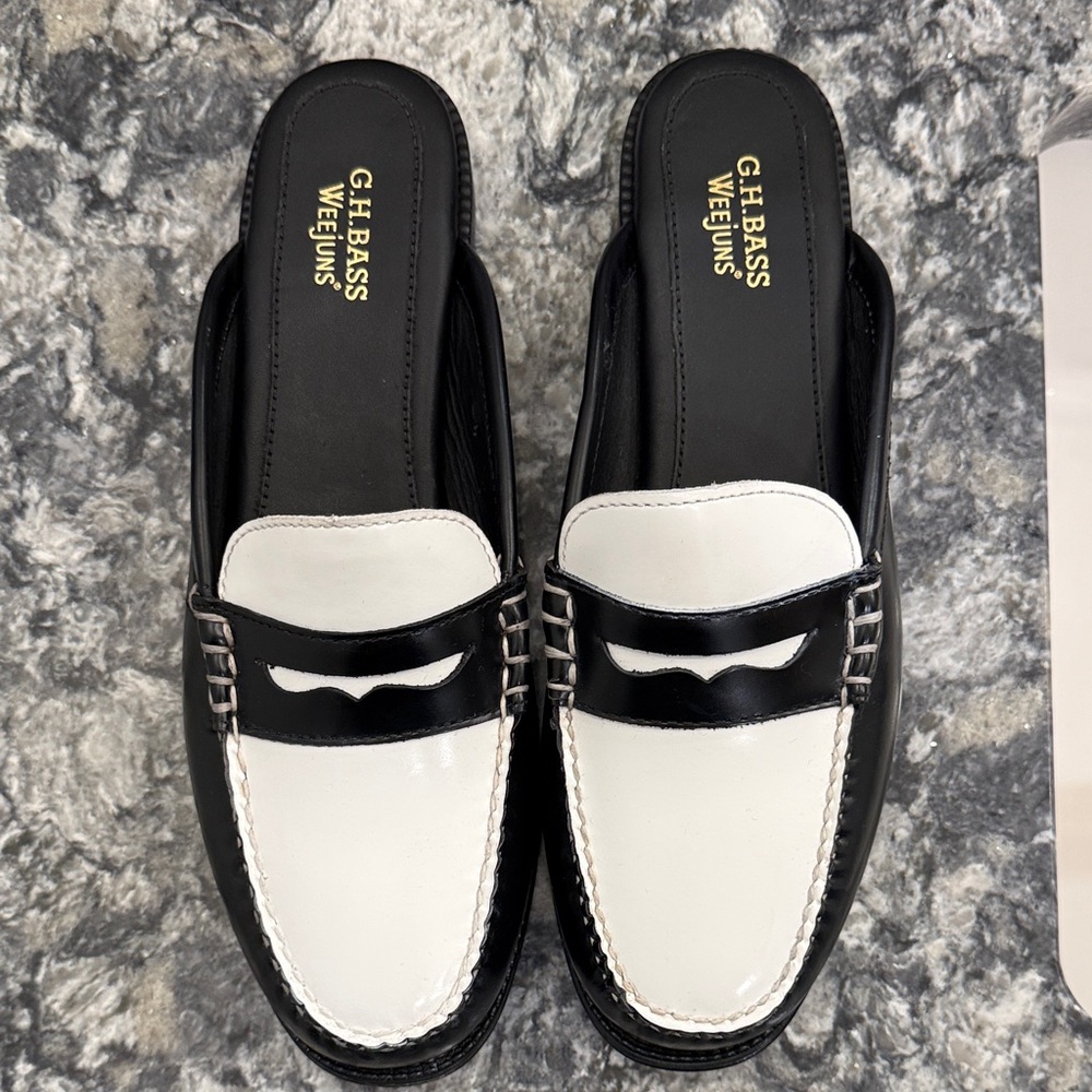 G.H. Bass & Co. Black & White Leather Penny Loafer Mules